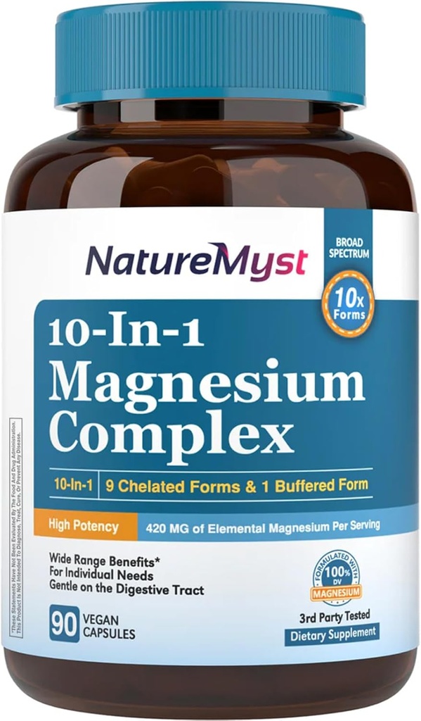 Supplément complexe de magnésium, 420mg Magnésium élémentaire, 10 formes d'absorption élevée Magnésio Glycinate, Citrate, Malate, Taurate et plus pour le sommeil, la santé nerveuse, non-OGM, 90 capsules végétaliennes
