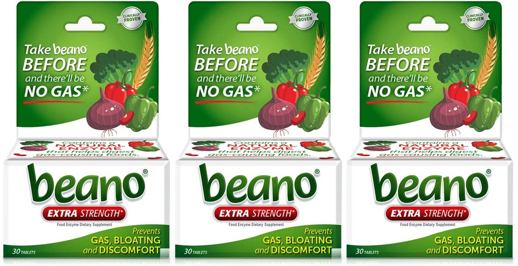 Beano Extra Strength, Verdauungsenzym-Ergänzung, Verhindert Gas, Bloating und Discomfort (Packaging May Vary) 30 Count Every (Pack of 3)