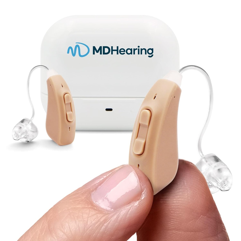 MDHearingAid AIR Hörgerät (Pair), OTC wiederaufladbare, kristallklare Digital Sound von MDHearing, Perfekt für Gläser, fast unsichtbar