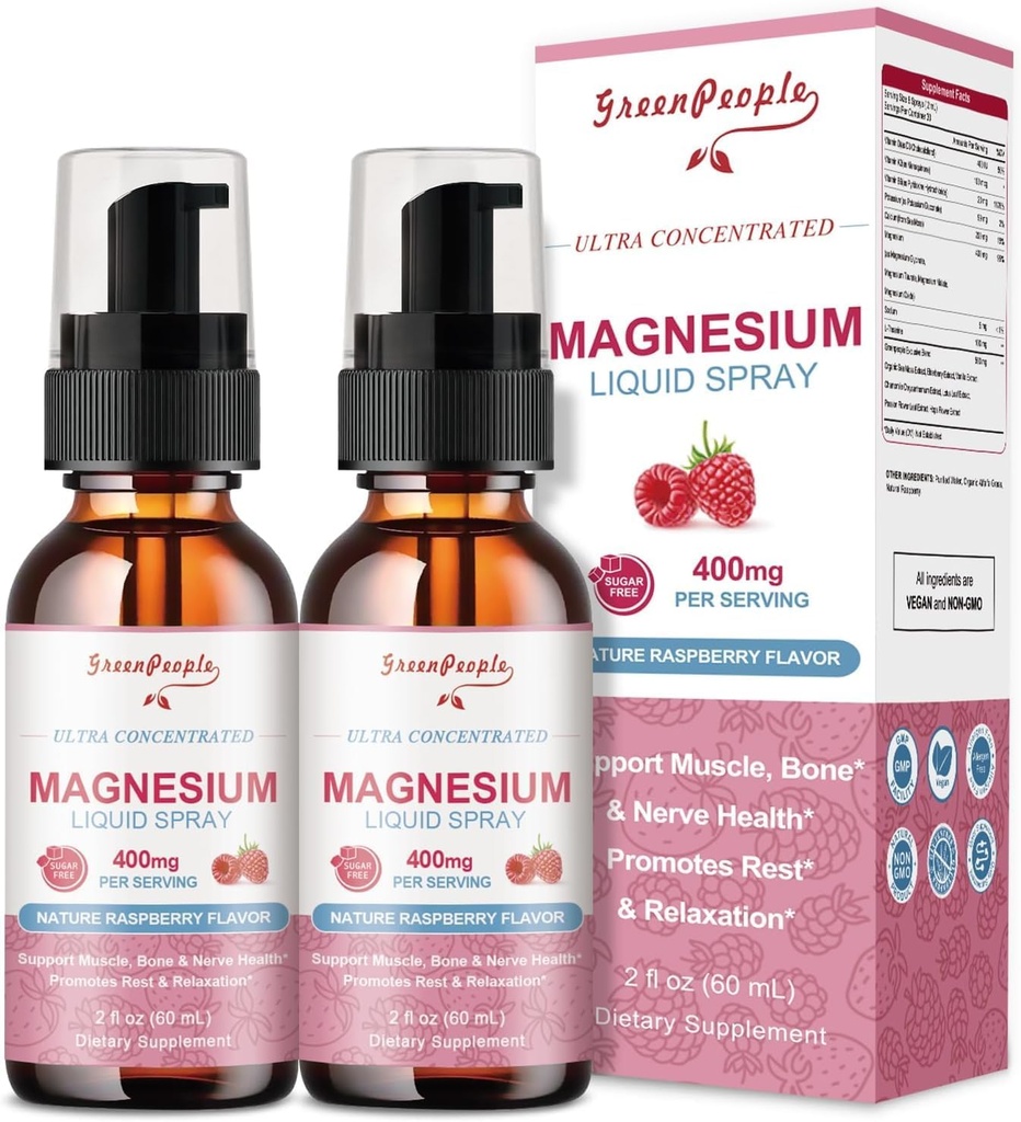 GreenPeople Magnesium Glycinate Liquid Spray 400mg - Magnesium Kaliumergänzung mit Magnesium Malat Vitamin D3k2, B6 für Kalorien Unterstützung, Muskel, Knochen & Schlaf Unterstützung 4 Fl Oz