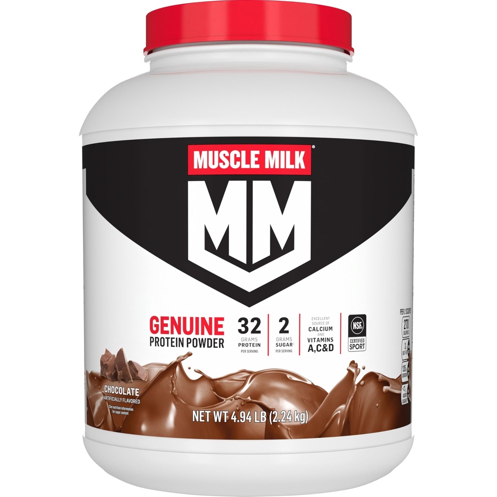 Lait musclé Poudre de protéines authentiques, Chocolat, 4,94 livres, 32 portions, 32g de protéines, 2g de sucre, Calcium, Vitamines A, C & D, NSF certifié pour le sport, Snack énergétique, emballage mai Varier
