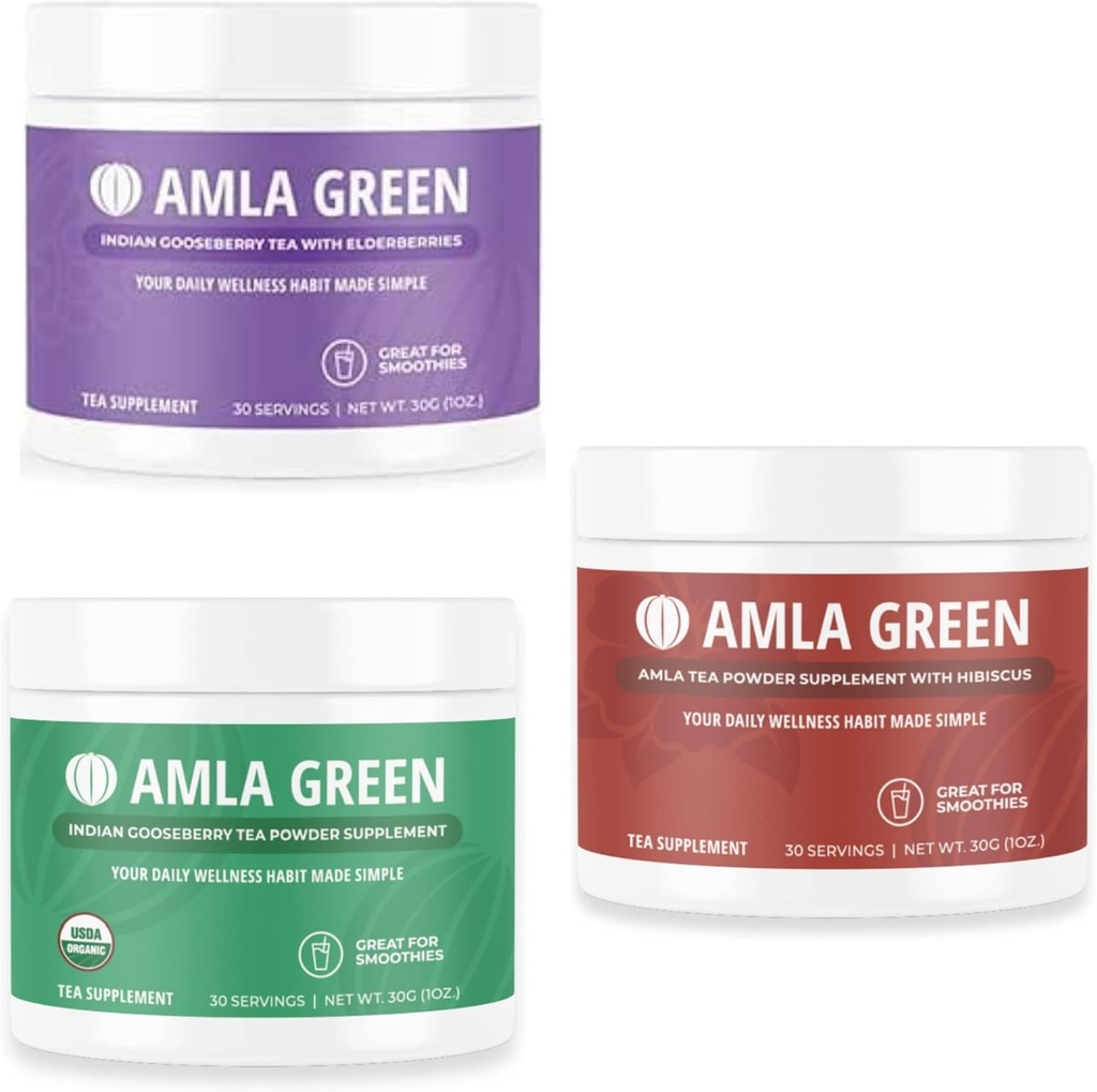 Amla Powder, Green Tea Superfood Supplement mit Elderberry & Indian Gooseberries & Hibiscus, Organic, Vegan, 30 Portionen