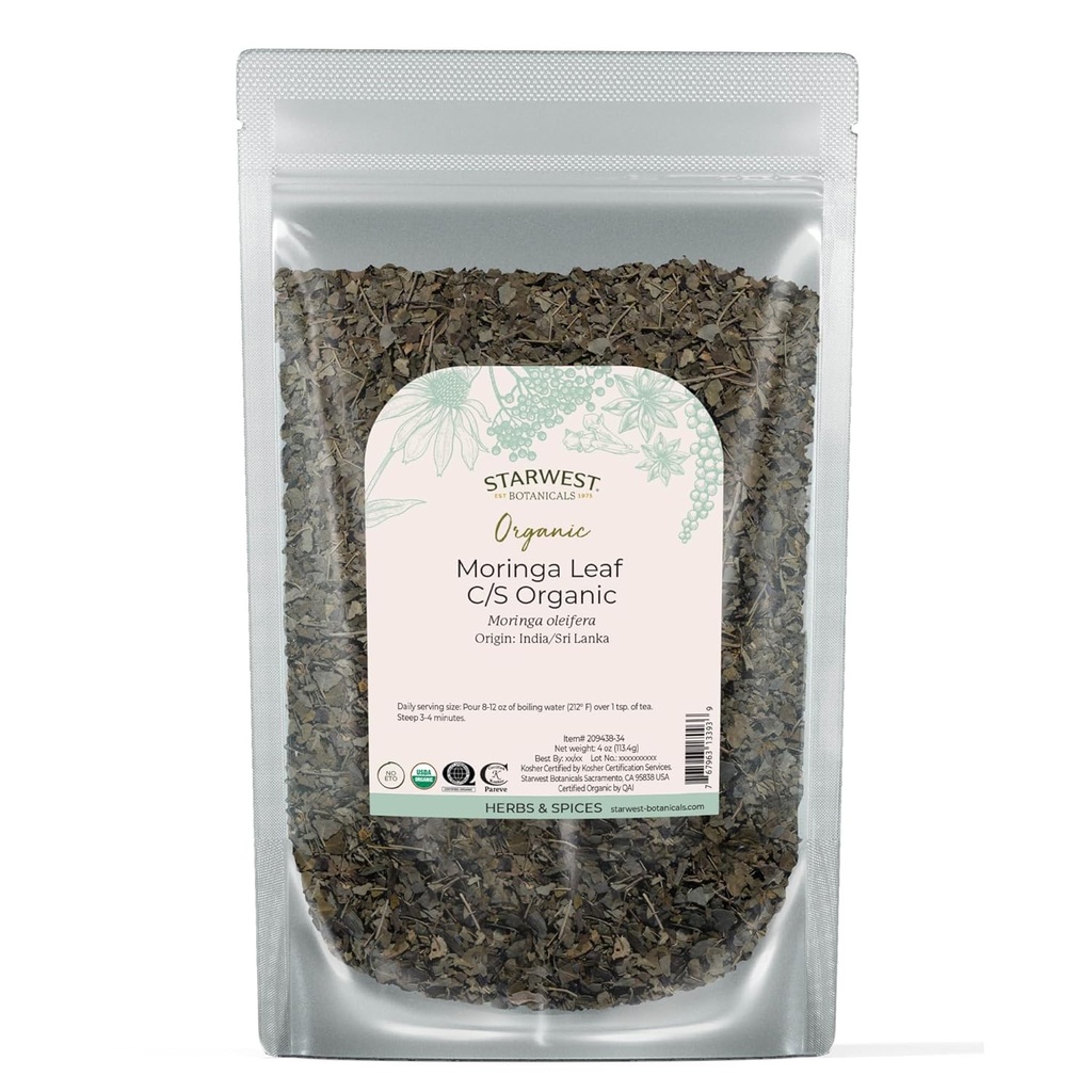 Starwest Botanicals Organic Moringa Leaf - Herb for Tea, Capsules, Juice, & Smoothies, Natural Source of Antioxidants, Cut & Sifted, Certified Kosher, Non GMO - 4 oz Pouch
