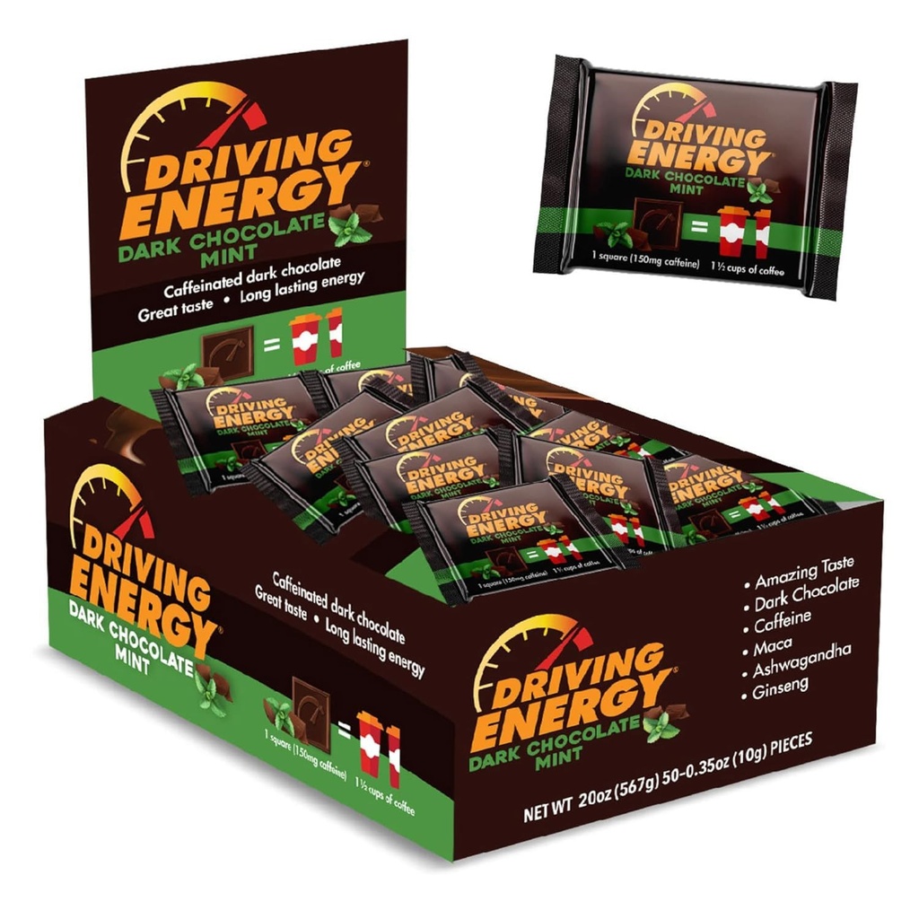 Driving Energy - Koffeinierte Energie-Bite-Größe - Dark Chocolate Mint Energy Fuel mit 150mg Koffein - Long-Lasting Energy for Gym, Workout, Erwachsene - Great Taste - Low Carb - Gesunde Snack - 50 Count
