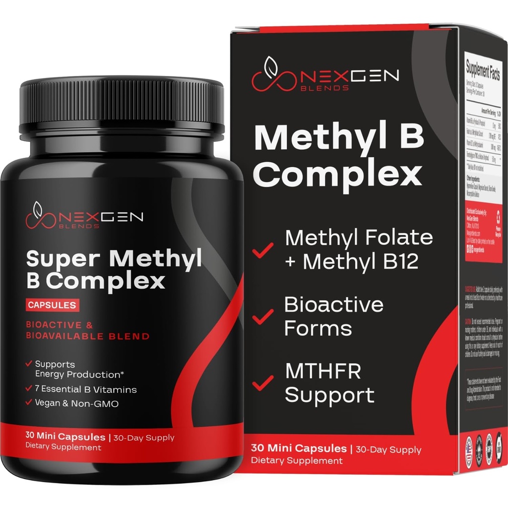 Methyliertes B Complex Vitamin Supplement - Bioactive Methyl B Complex mit 5-MTHF Methyl Folat & B12 Methylcobalamin für Gehirnherz Energie & Homocystein Unterstützung - Super Vitamin B Complex (30 count)
