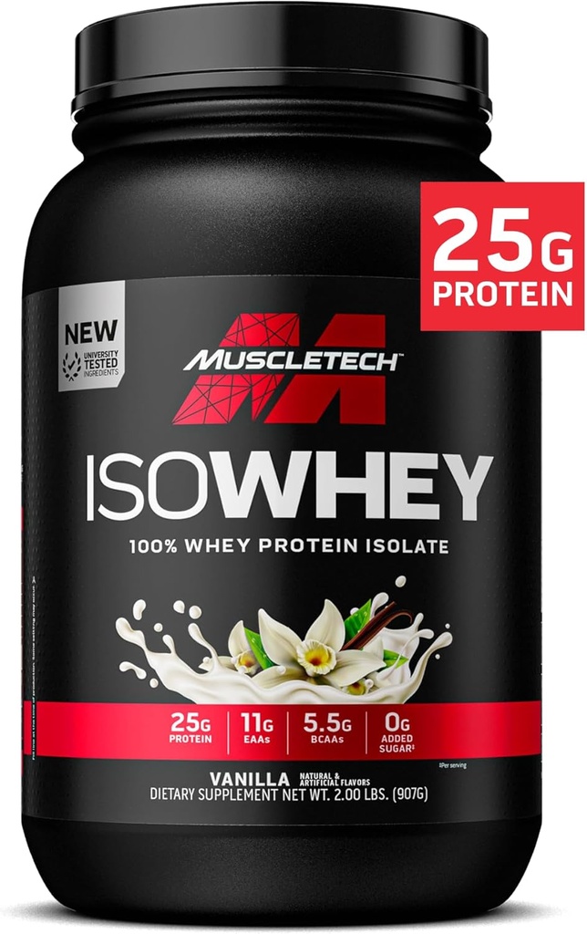 MuscleTech ISO Whey Isolate Protéines Poudre, Vanille - Supplément de gymnastique après entraînement pour le gain musculaire maigre, gain de poids de construction du corps et récupération - 25g de protéines, BCAA, EAA et 0 sucre ajouté - 2lbs