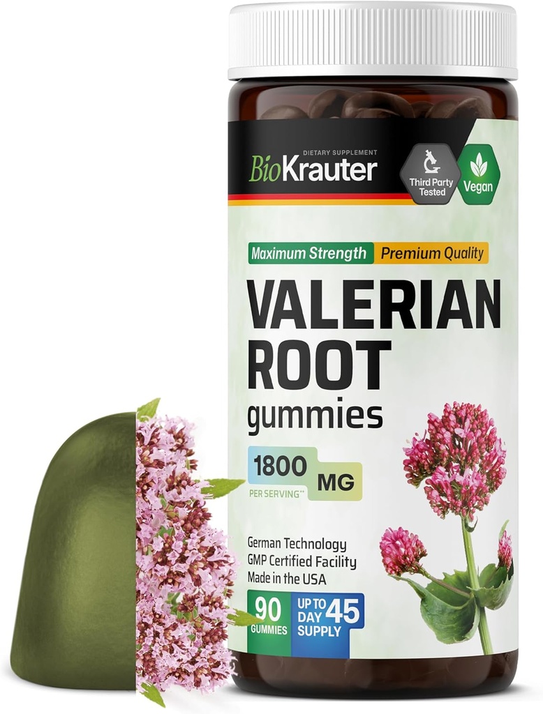 BIO KRAUTER Gommies de racines valérianes - 1800 mg Résistance - 90 Chews végétaliens - Pas de mélatonine - Soutien relaxation et calme - Extrait de racines valérianes