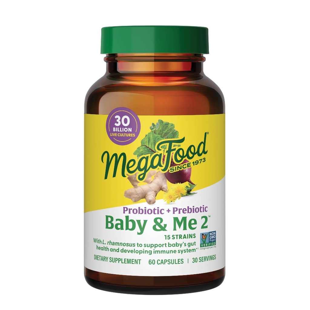 MegaFood Baby & Me 2 Prébiotiques et probiotiques prénatals pour les femmes et le développement du bébé avec 30 milliards d'UFC, végétariens et non-OGM, 60 capsules (30 portions)