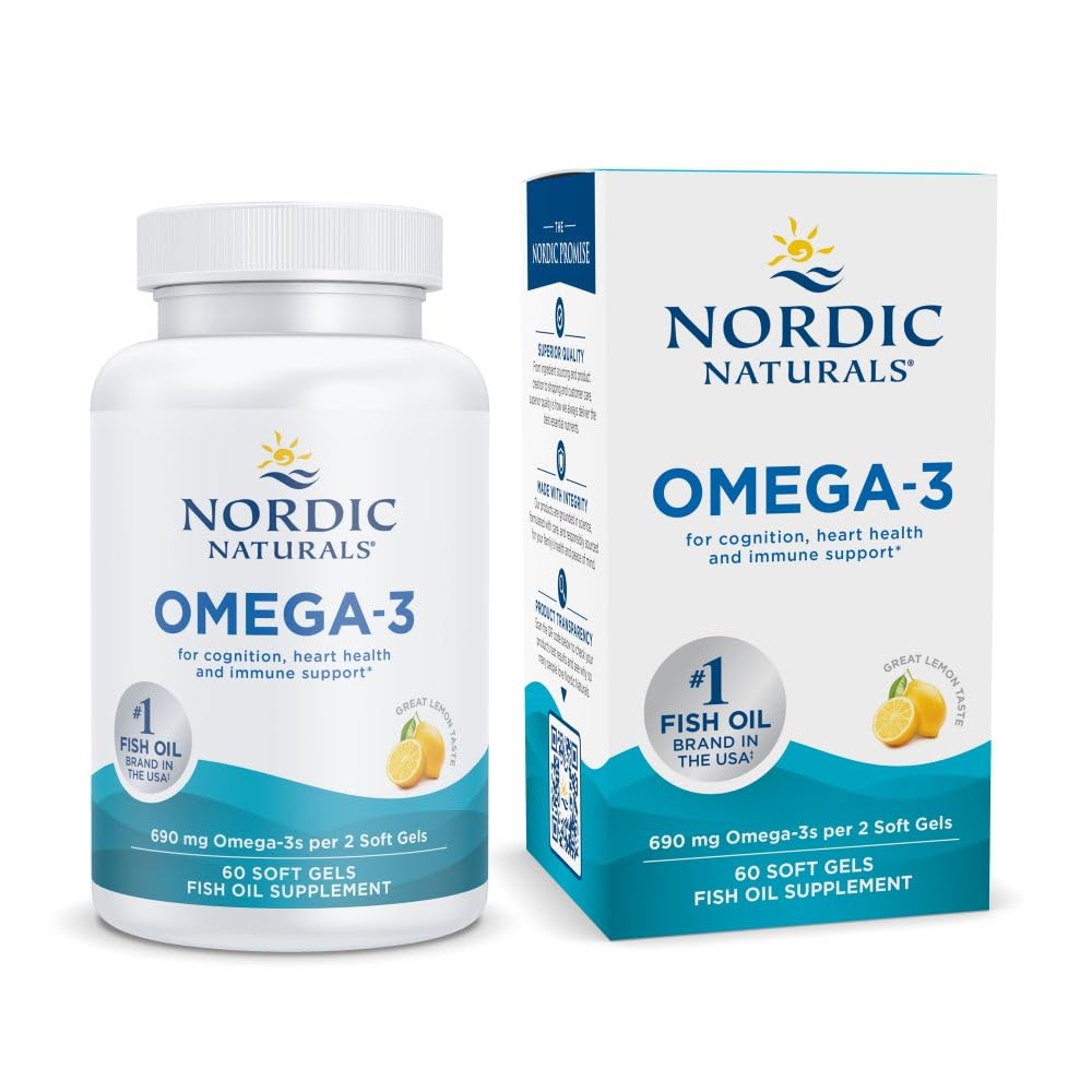 Nordic Naturals Omega-3, Lemon Flavor - 60 Soft Gels - 690 mg Omega-3 - Fish Oil - EPA & DHA - Immununterstützung, Gehirn & Herzgesundheit, Optimale Wellness - Non-GMO - 30 Servietten
