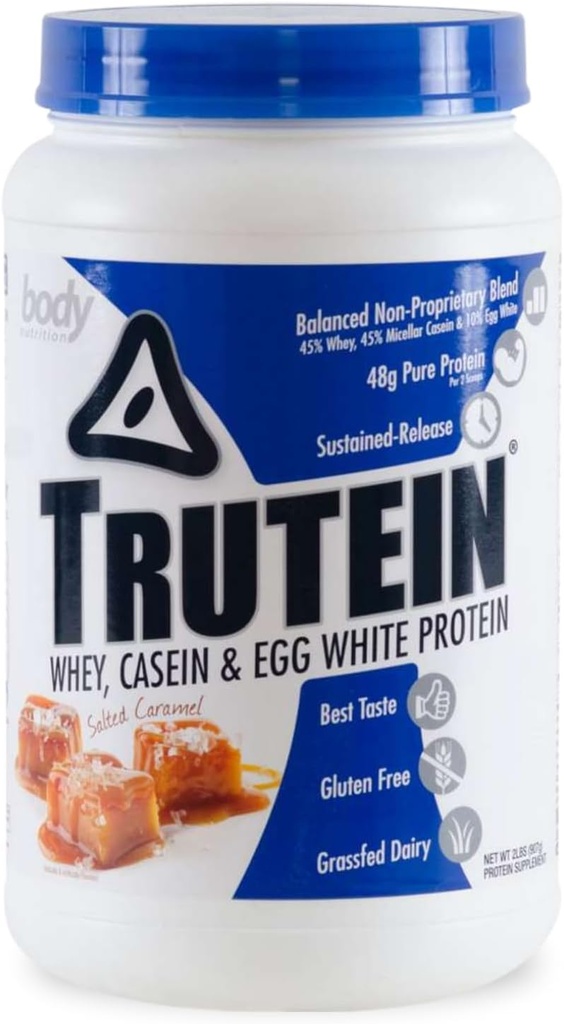 Body Nutrition Trutein High Protein Powder: 45% Whey, 45% Casein, 10% Eiweiß, Glutenfrei, Low Sodium, Gras Fed Whey Protein Powder, Gym Supplement & Breakfast Shake, Gesalzene Karamell, 2lb