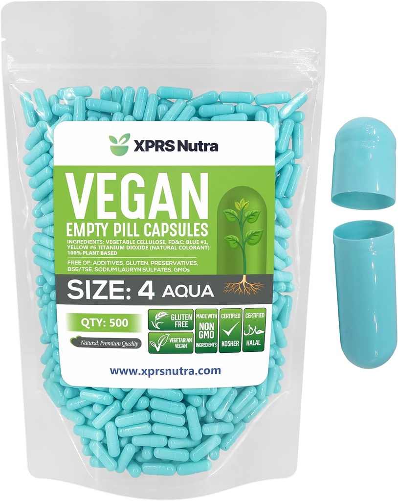 XPRS Nutra Size 4 Empty Capsules - 500 Count Small Empty Vegan Capsules - DIY Vegetable Capsule Filling - Fillable Do-It-Yourself Veggie Pill Caps for Supplements (Aqua)