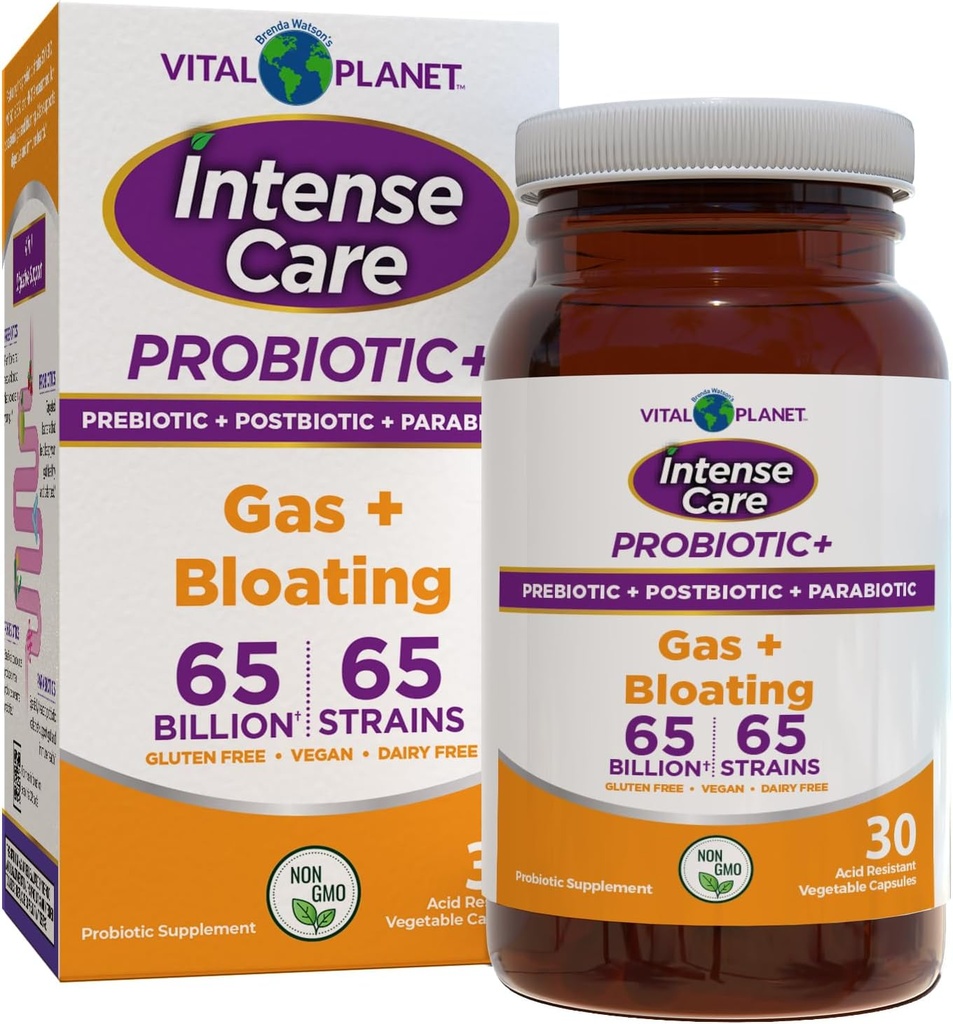 Vital Planet - Intensive Pflege Gas & Bloating Probiotika, Präbiotika, Postbiotika, Parabiotika, 4-in-1 Gekühlte Beilage für Erwachsene, 65 Billion CFU, 65 Strains, Verdauung und Immune, 30 ct