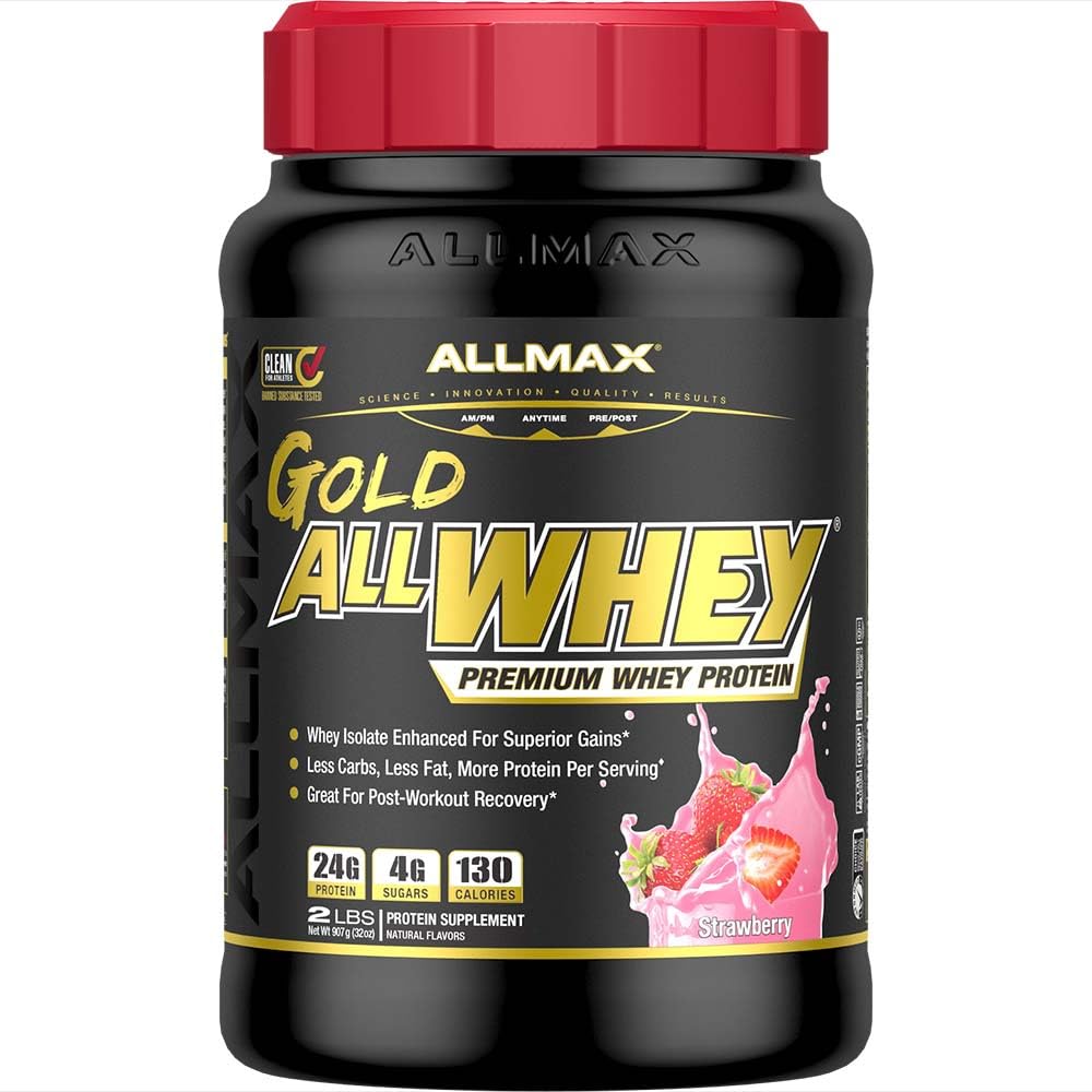 ALLMAX Nutrition Or ALLWHEY, fraise - 2 lb - 24 grammes de protéines par scoop - sans gluten, faible teneur en glucides et faible teneur en sucre - Env. 30 portions