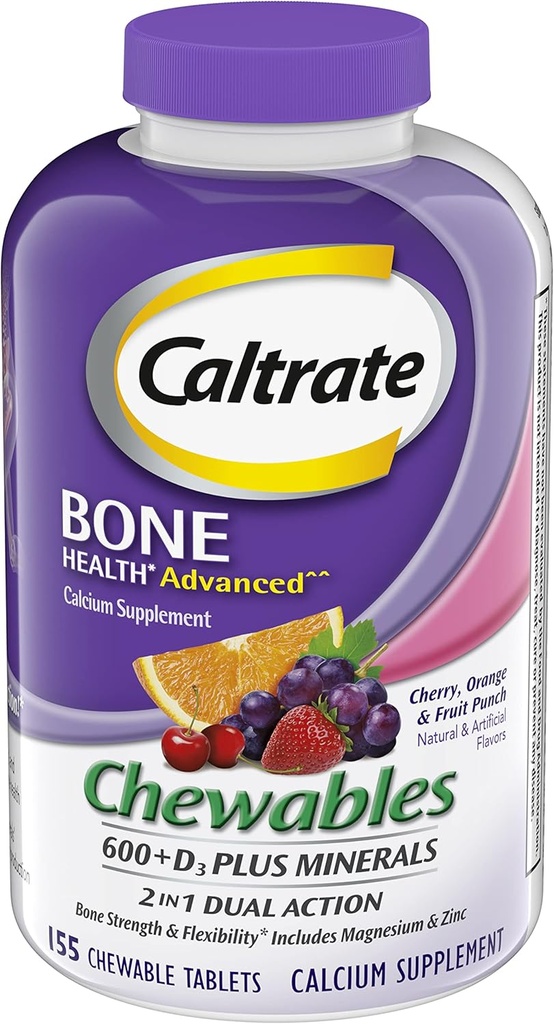 Calcium de calcium et vitamine D3 Supplément 600+D3 Plus comprimés à croquer minéraux, 600mg (arômes de cerise, d'orange et de fruit, 155compte)