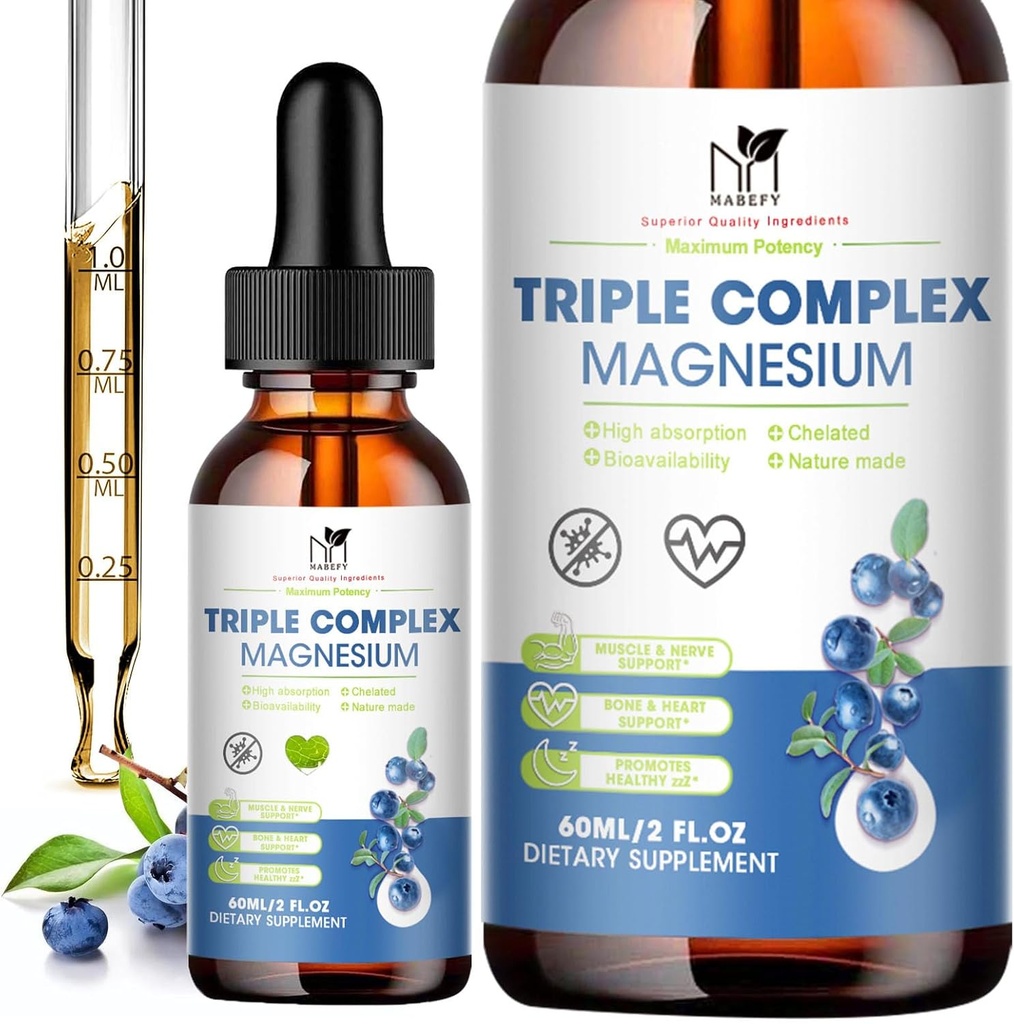 Magnesium Glycinate Liquid Drops Complex Supplement mit Taurate, Malate für Kalm, Leg Cramps, Energie | Zuckerfrei und natürlich Vegan Magnesium, Blueberry Flavor