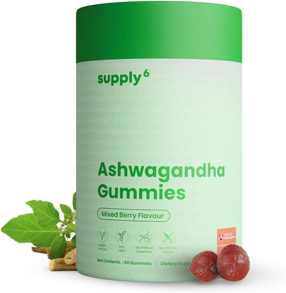 SUPPLY6 KSM-66 Ashwagandha & Vitamin D Gummy - 60 Count - Mixed Berry, KSM-66, Vegan, Pflanzenbasiert, Non-GMO, Gluten-Free & Gelatin kostenlos, für einen glücklicheren Sie, 1 Packung