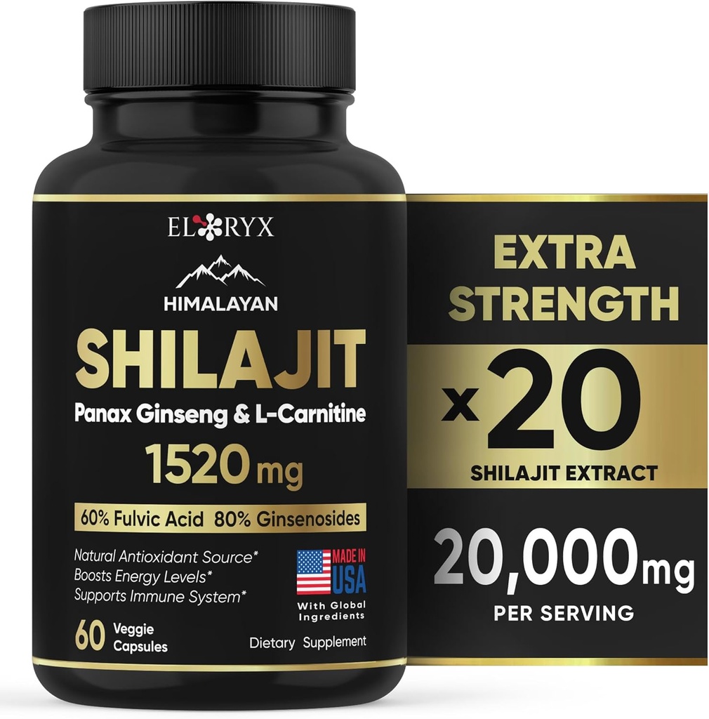 Himalayan Shilajit Supplement, 60 Kapseln, Extraktpulver, 60% Fulvic Säure, 85+ Spuren Mineralien, Energie & Immun Unterstützung Shilajit für Männer & Frauen, Alternative zu Authentic Resin oder Pillen USA Made