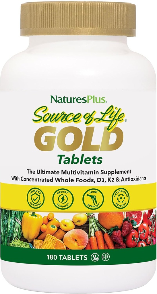 NaturesPlus Source de vie Multivitamines d'or - 180 comprimés - avec des vitamines D3 et B12 - Soutien du sang, des os et des immunes - Végétarien et sans gluten - 60 portions