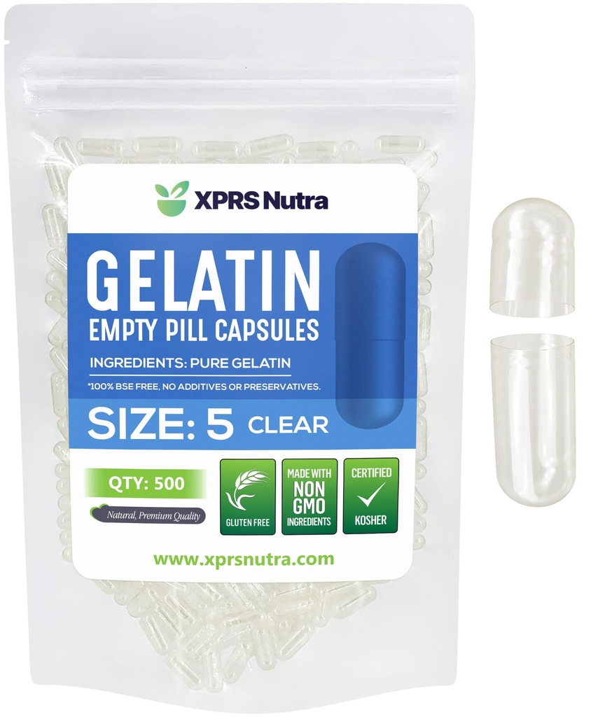 XPRS Nutra Taille 5 Capsules vides - 500 Compter Capsules de gélatine vides très petites - Pills Bricolage Capsule Remplissage - Gel de pilules remplissables pour Do-It-Youlf Vitamine Suppléments
