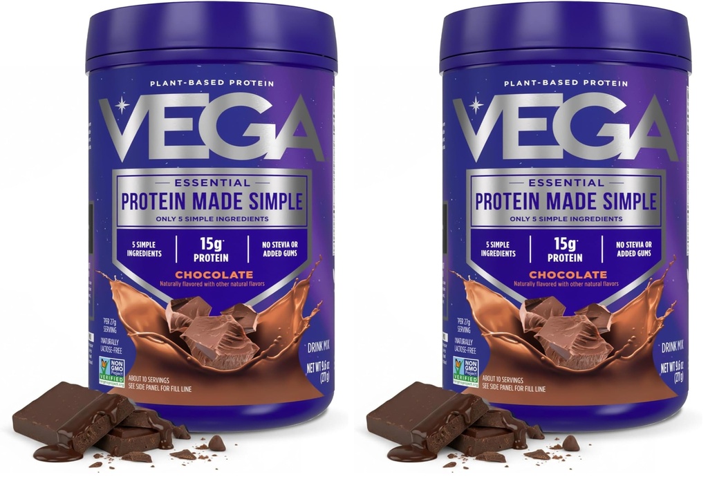 Vega Protein Made Simple, Dark Chocolate - Stevia Free Vegan Protein Powder, Plant Based, Healthy, Gluten Free, Pea Protein für Frauen und Männer, 9.6 Unze (Packaging May Vary) (Pack of 2)