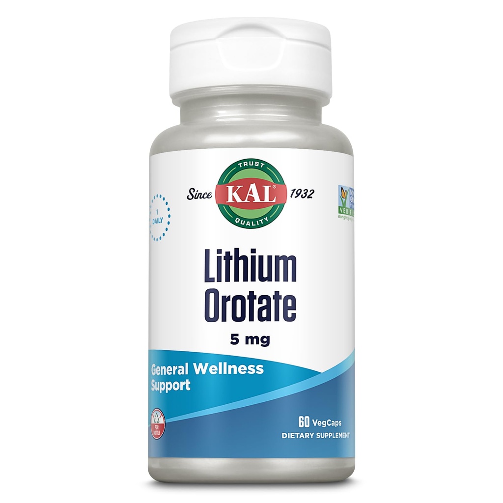 KAL Orotate de lithium 5mg de bas service d'orotate de lithium chélaté pour la biodisponibilité et le soutien de l'humeur.