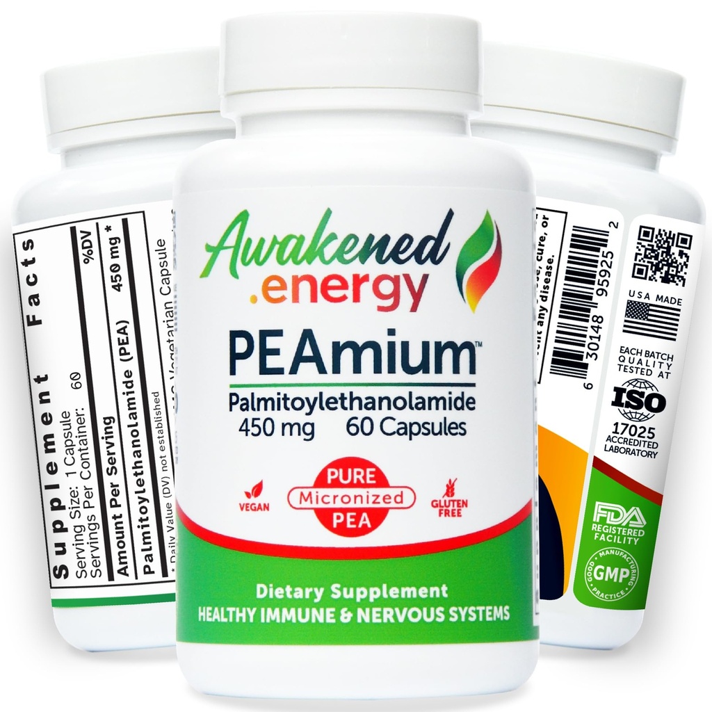 Palmitoyléthanolamide 450mg Confort Mobilité Nerves Soutien cognitif et immunitaire - Micronised High Absorption - Tous les pois naturels - États-Unis Fabriqué - Pas d'additifs ou d'excipients – 60 capsules végétaliennes Supplément