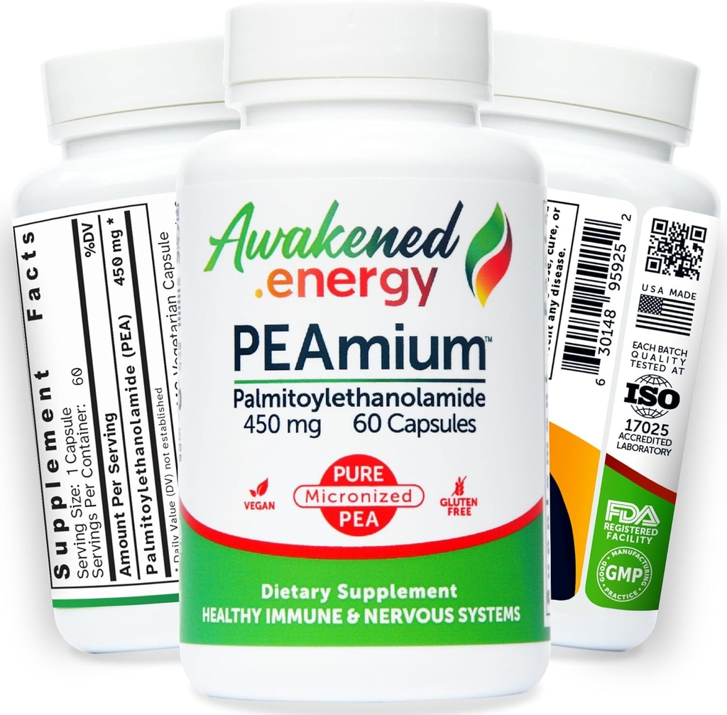 Palmitoyléthanolamide 450mg Confort Mobilité Nerves Soutien cognitif et immunitaire - Micronised High Absorption - Tous les pois naturels - États-Unis Fabriqué - Pas d'additifs ou d'excipients – 60 capsules végétaliennes Supplément