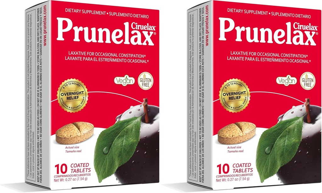 Prunelax Ciruelax Comprimés laxatifs à force régulière - Laxatifs à base d'ingrédients naturels pour la constipation occasionnelle, le soulagement de nuit prévisible avec des extraits de feuilles de Senna, 8-12 Hr à action rapide - 10ct