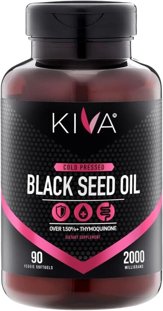 Kiva Black Seed Oil Softgel Kapseln - Kalt-Pressed (2000mg), 2%+ High Thymoquinone (TQ), 100% türkische Nigella Sativa Seed Oil, 90 Vegan Softgels