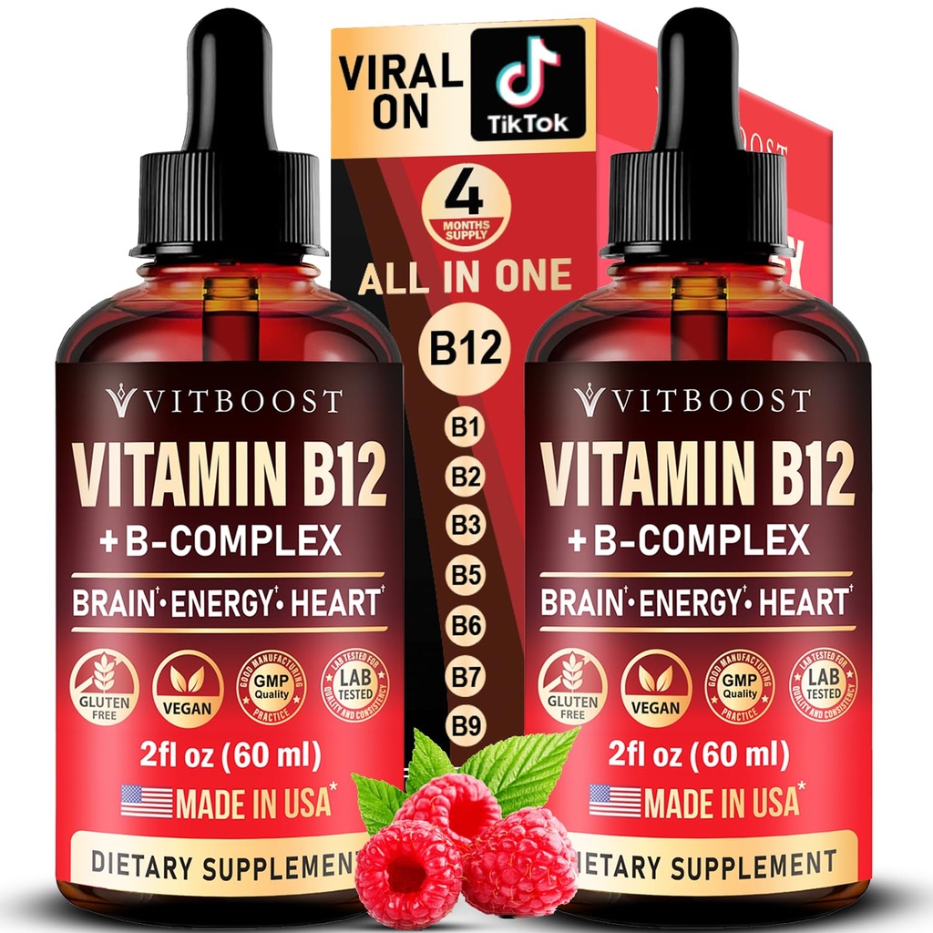 Vegan Vitamin B12 mit B Complex 20000 mcg- Extrastärke für Männer und Frauen- Himbeere Flüssigkeitstropfen| USA Made, B1, B2, B3, B5, B6, Biotin, Folsäure & B12 Sublingual Methylcobalamin | 4 Monate Versorgung