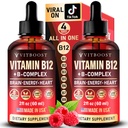 Vitamine végane B12 avec complexe B 20000 mcg- Extra Force pour les hommes et les femmes- gouttes liquides framboises des États-Unis, B1, B2, B3, B5, B6, Biotine, Acide folique et B12 Sublingual Methylcobalamin