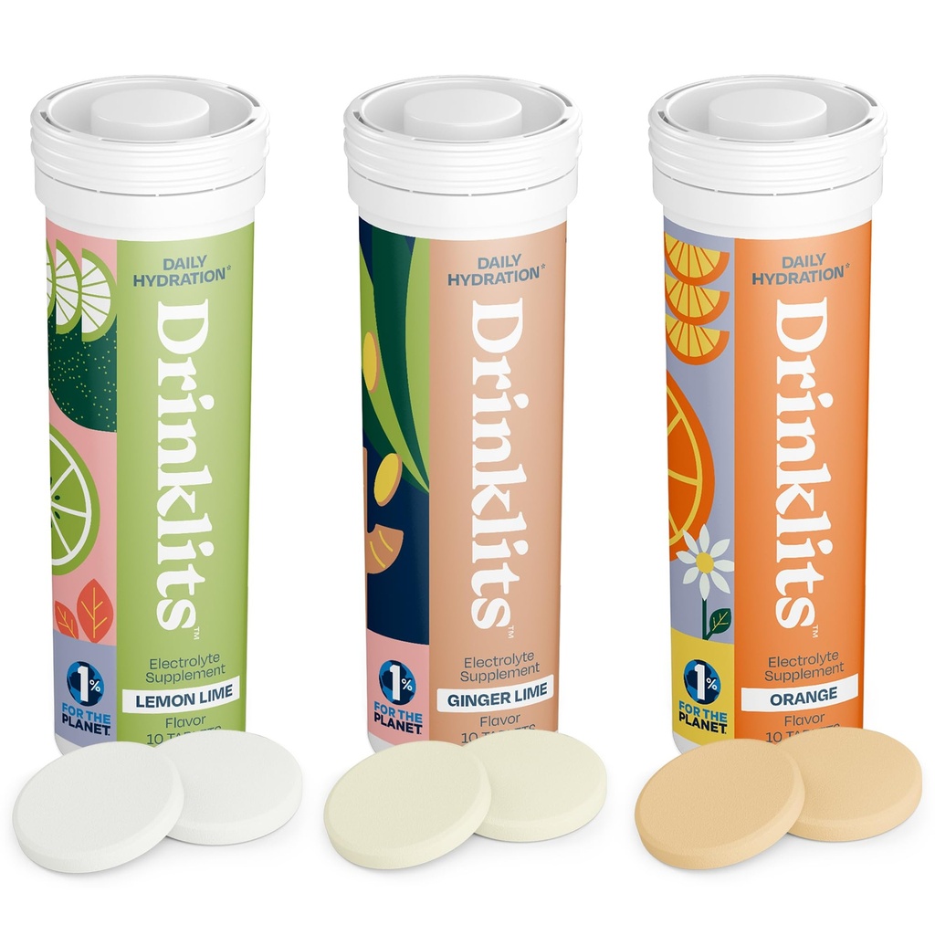 Drinklits Daily Hydration Variety Pack (3) Tube Bundle | Ginger-Lime + Lemon-Lime + Orange | Elektrolyt Tabletten – 0g Zucker – Großer Geschmack | 30 Servierungen - 10 Tabletten pro Tube