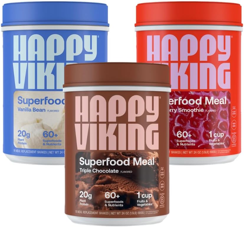 Happy Viking Schokolade, Vanille und Erdbeerpulver, von Venus Williams, 20G Protein, Low Carb, Keto, Vegan, Gluten-Free, Superfoods, Complete Meal Replacement, 3 Canisters (24 oz. Jede