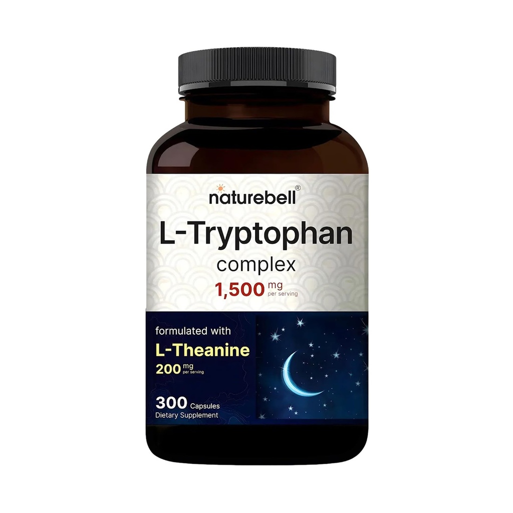 NatureBell L Tryptophan 1300mg mit L Theanine 200mg, 300 Capsules | Active Free Form, Plant Based Supplement – Calm Formula, unterstützt Entspannung – Non-GMO & No Gluten