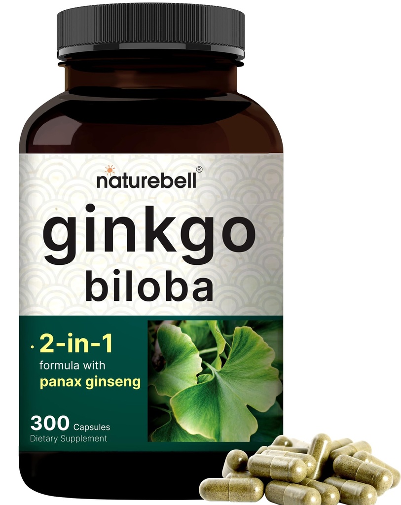 NatureBell Ginkgo Biloba 6.000mg mit Panax Ginseng 500mg pro Servieren | 300 Kapseln – Max Strength Ginko Biloba Extract Supplements - Fördert Gedächtnis, Fokus und Gehirngesundheit