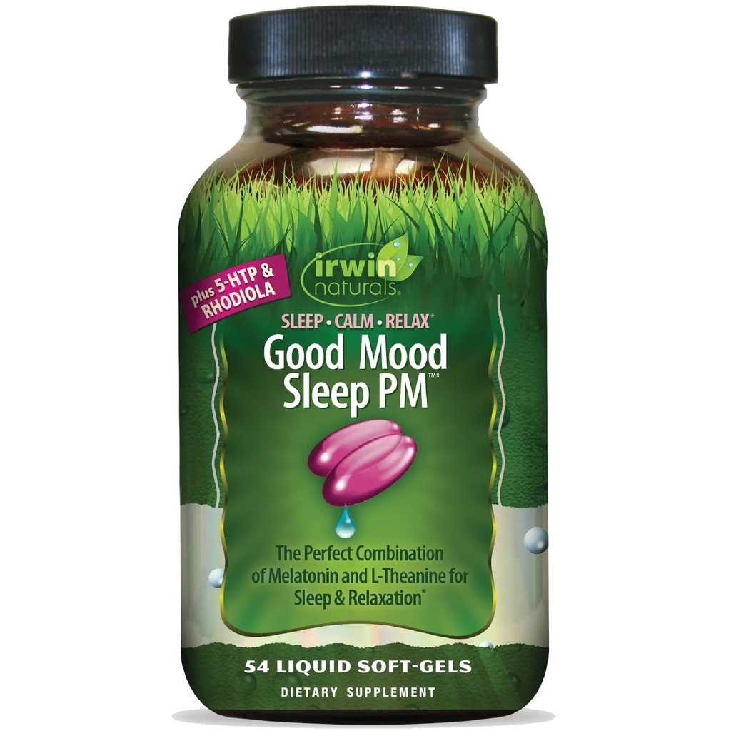 Irwin Naturals Bonne humeur Sommeil PM - 54 Softgels liquides - avec Melatonine et L-Theanine pour le repos et la détente - 18 Total des services