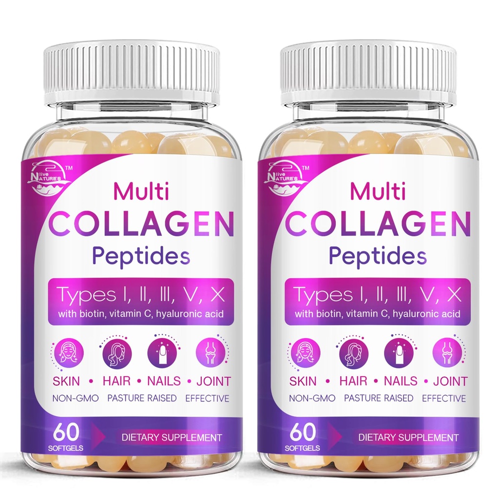 Multi Collagen Peptides Softgel - Typ I, II, III, V, X - hydrolysierte Collagen Peptide mit Biotin, Vitamin C, Hyaluronsäure, unterstützt Hauthaar Nagel, Grass-Fed, Non-GMO, 60 Softgel, 2 Pack