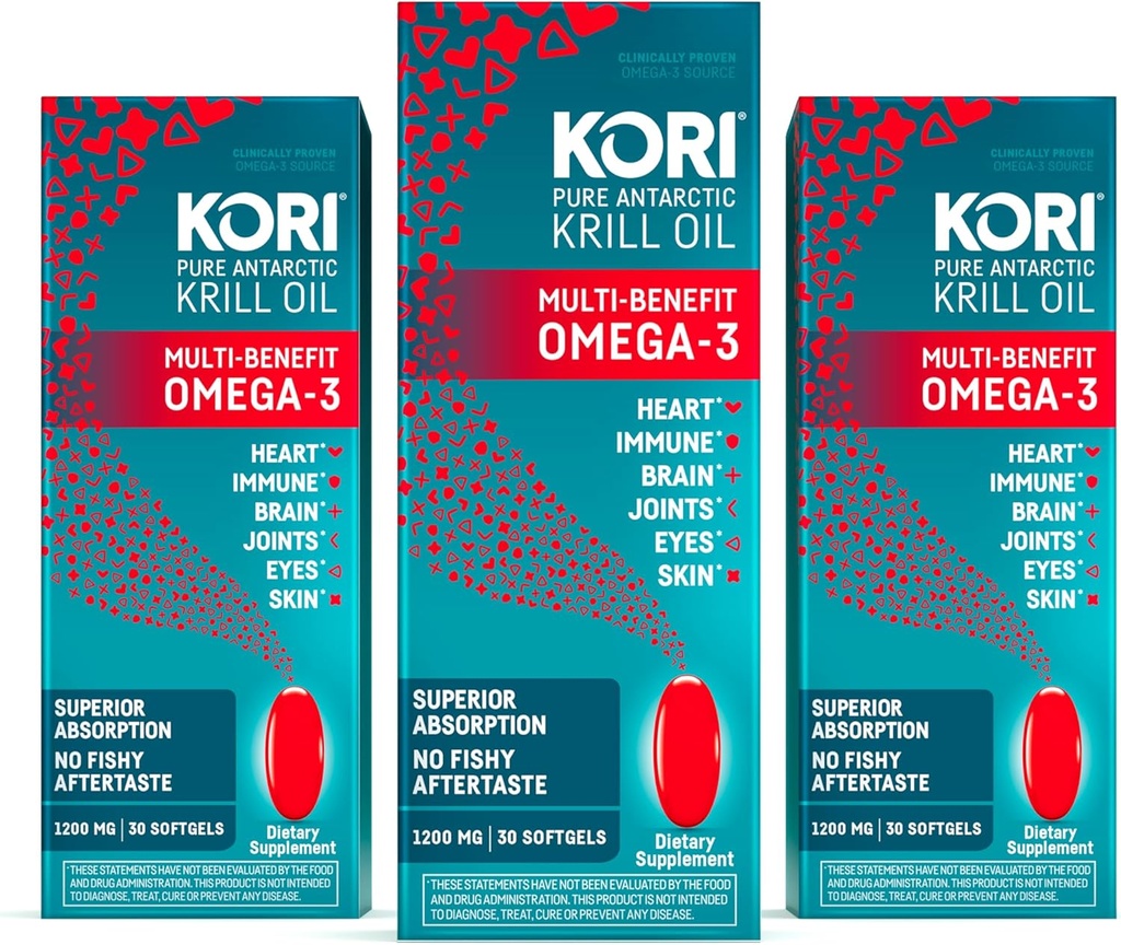 Kori Krill Öl Omega 3 Supplement, Antarktis Krillöl mit Superior Absorption gegen Fischöl, 1200mg Softgels, 30 Softgels, EPA & DHA (Pack mit 3)