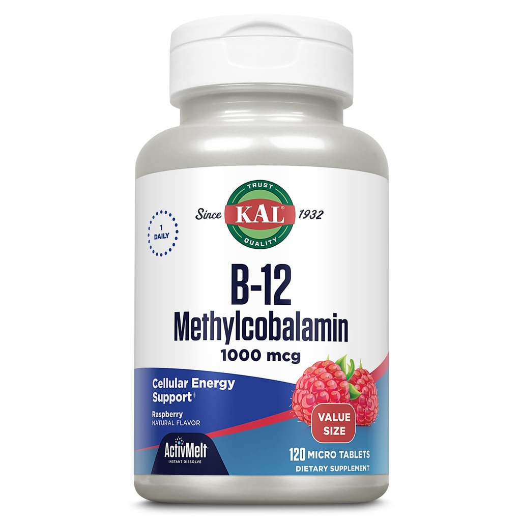 KAL Vitamin B12 Methylcobalamin 1000mcg, Gesunde Energie, Metabolismus, Nerve und Red Blood Cell Support, Fast Dissolve ActivMelt, hohe Absorption, Vegetarisch, Natürliche Himbeere, 120 Serv, 120 Micro Tabs