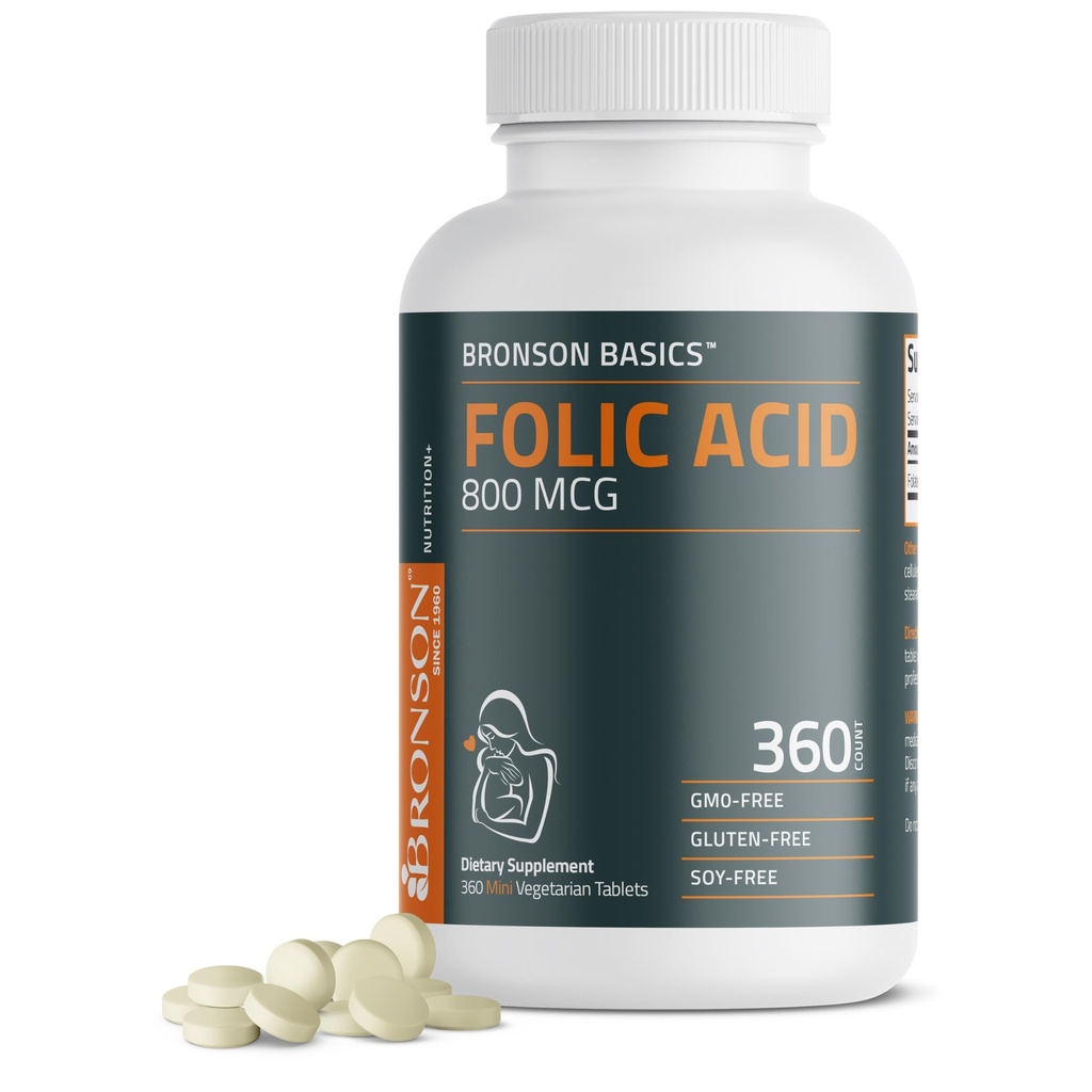 Bronson Folic Acid 800 MCG soutient le développement prénatal, 1 an d'approvisionnement, non-OGM, 360 comprimés