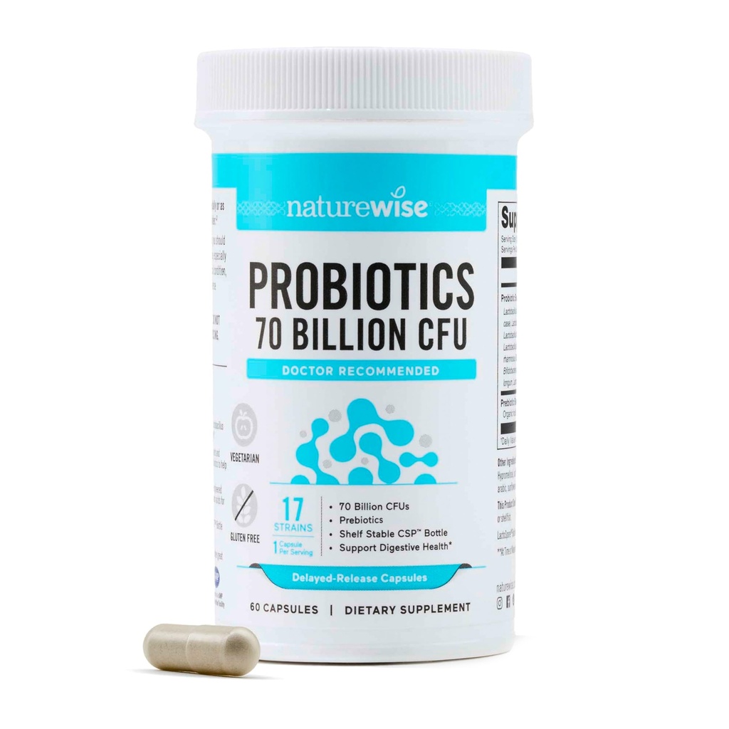 NatureWise Probiotics 70 milliards CFU - 17 souches + prébiotiques organiques - Soutien à la santé immunitaire, digestive et gustative pour les femmes et les hommes - Végétarien, sans gluten, non-OGM - 60 capsules[2-Mois]
