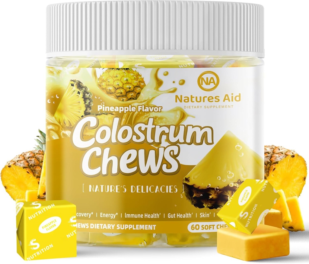 Colostrum Chews Supplement mit Probiotika für Gut Health, Bloating, Immununterstützung, Haut, Haarwachstum und Schönheit - Ananas Flavor (60 Servietten)