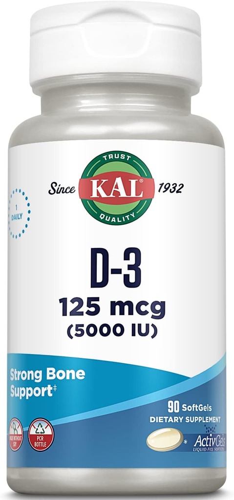 KAL Vitamin D3 5000 IU Softgels (125 mcg), Aktive Form von Vitamin D, Kalziumabsorption, Knochengesundheit, Immununterstützungsergänzung, flüssige gefüllte ActivGels, Hergestellt ohne Soja, 90 Servietten, 90 Softgels