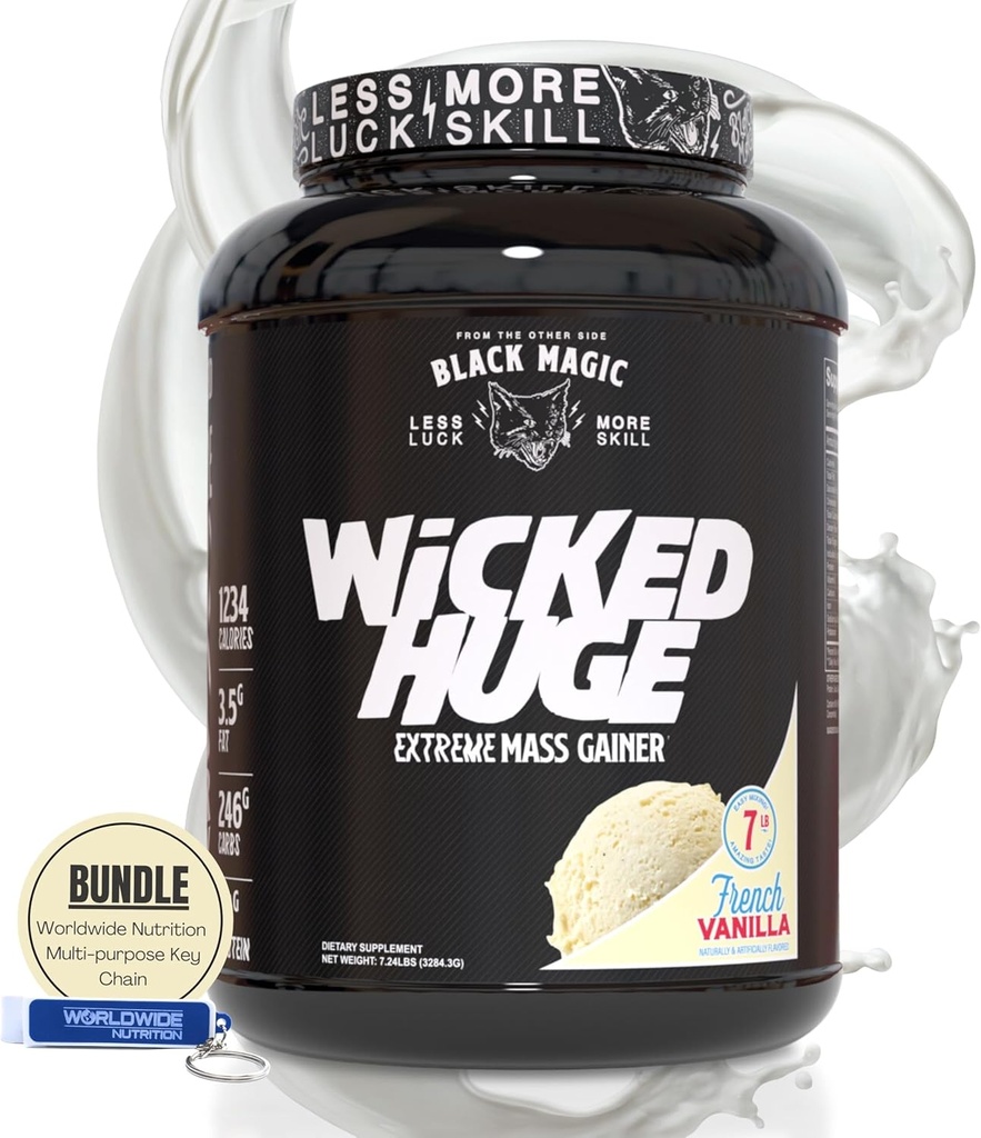 Worldwide Nutrition Bundle Kompatibel mit Black Magic Wicked Huge - Masse Gainer French Vanilla Flavor für Muskelunterstützung und -gewinnung, 7.24 LBS Protein Powder Supplement mit Keychain