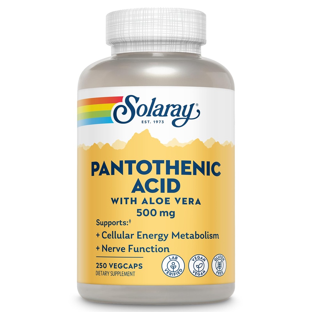SOLARAY Pantothenic Acid 500mg - Pantothenic Acid Supplement (Vitamin B5) - Essential B Complex Vitamin - Nervous System and Cellular Energy Support - Vegan, Gluten Free, 60-Day Guaratee, 250 Servings