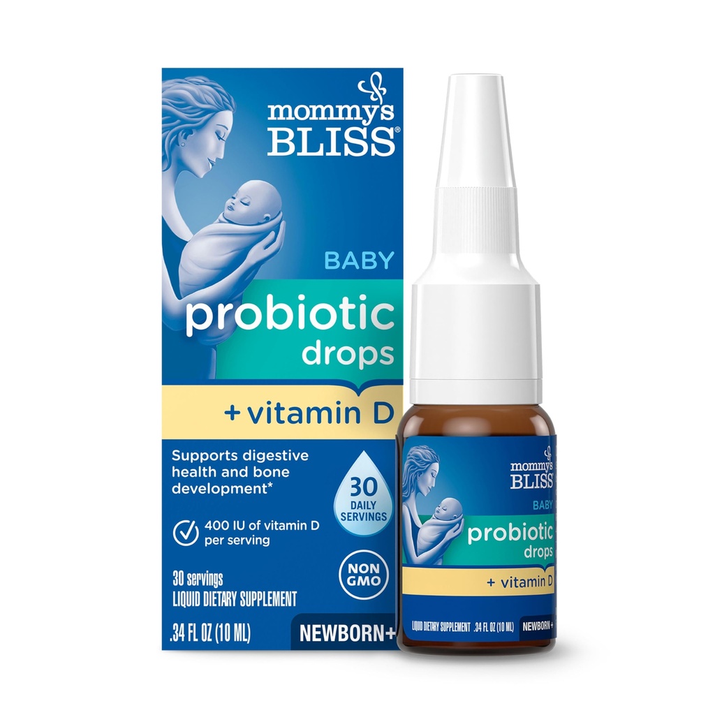 Mommy's Bliss Baby Probiotika + Vitamin D Tropfen, unterstützt Verdauungsgesundheit & Immunfunktion *, 400IU Vitamin D , unterstützt Knochenentwicklung *, Neugeborene +, Flavorless, 0,34 Fl Oz (30 Portionen)
