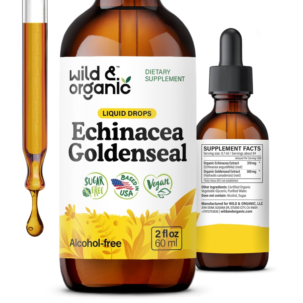 Wild & Organic Echinacea Gouttes liquides de seigle d'or - Supplément de soutien immunitaire avec extrait de racine d'échinacée d'or - Teinture végétalienne, sans sucre et sans alcool - 2 fl oz