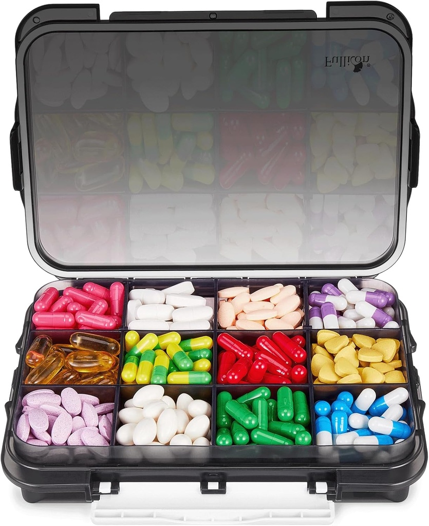 Fullicon Daily Travel Housse de preuve d'humidité avec 12 compartiments extra grand, organisateur de pilules avec 3 boucles sécurisées, grande boîte de supplément pour la vitamine avec séparateurs amovibles (noir)