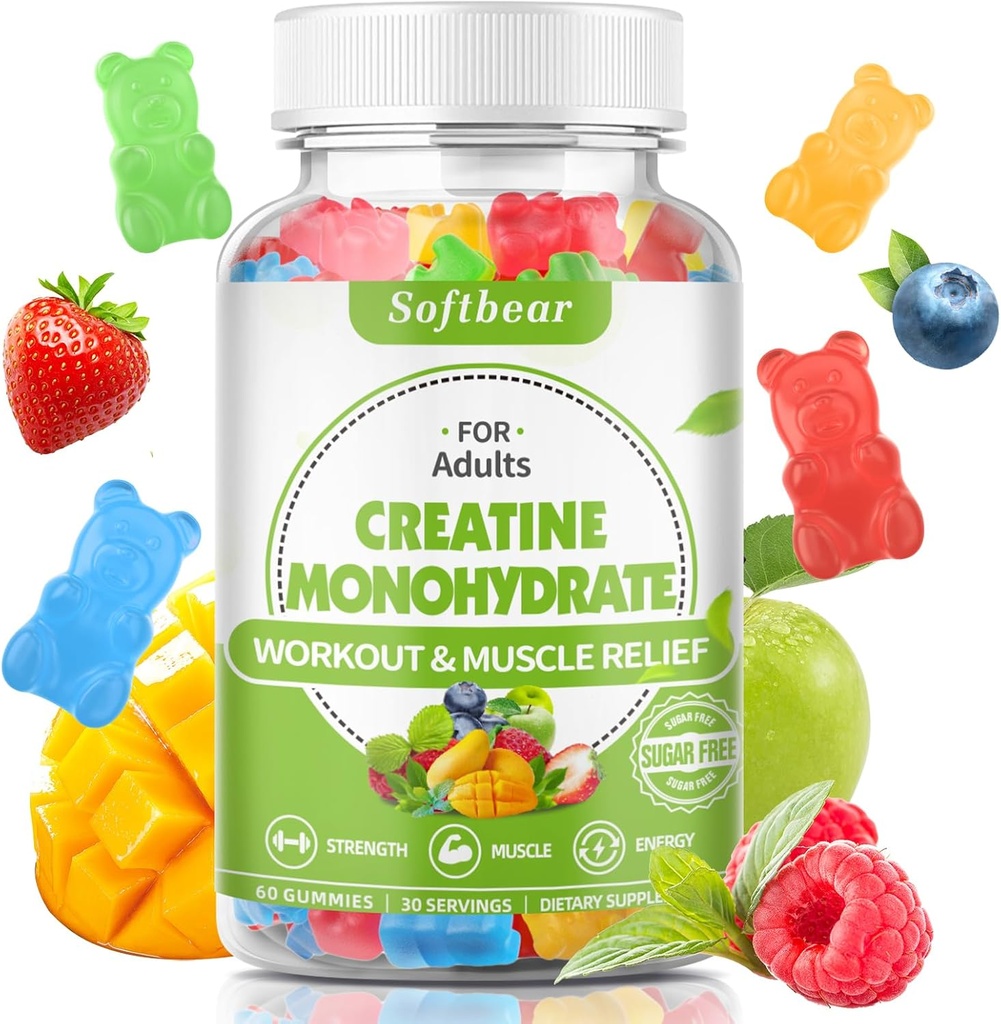 softbear 5000mg Creatine Monohydrate Gummi für Herren Frauen, Vegan Creatine HCL Supplement Pre Workout Gummis für Muskelaufbau Stärke gemischt Flavor 60 Count