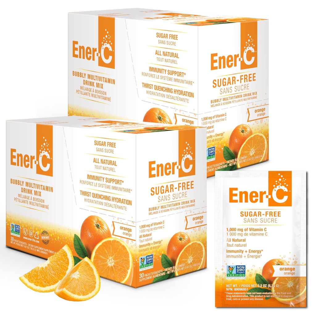 Ener-C Sugar Free Energy Orange Multivitamin Drink Mix Vitamin C 1000mg & Elektrolyte - Natürliche Immunität Unterstützung mit echten Fruchtsaftpulvern Non-GMO Vegan & Gluten Free - 60 Count